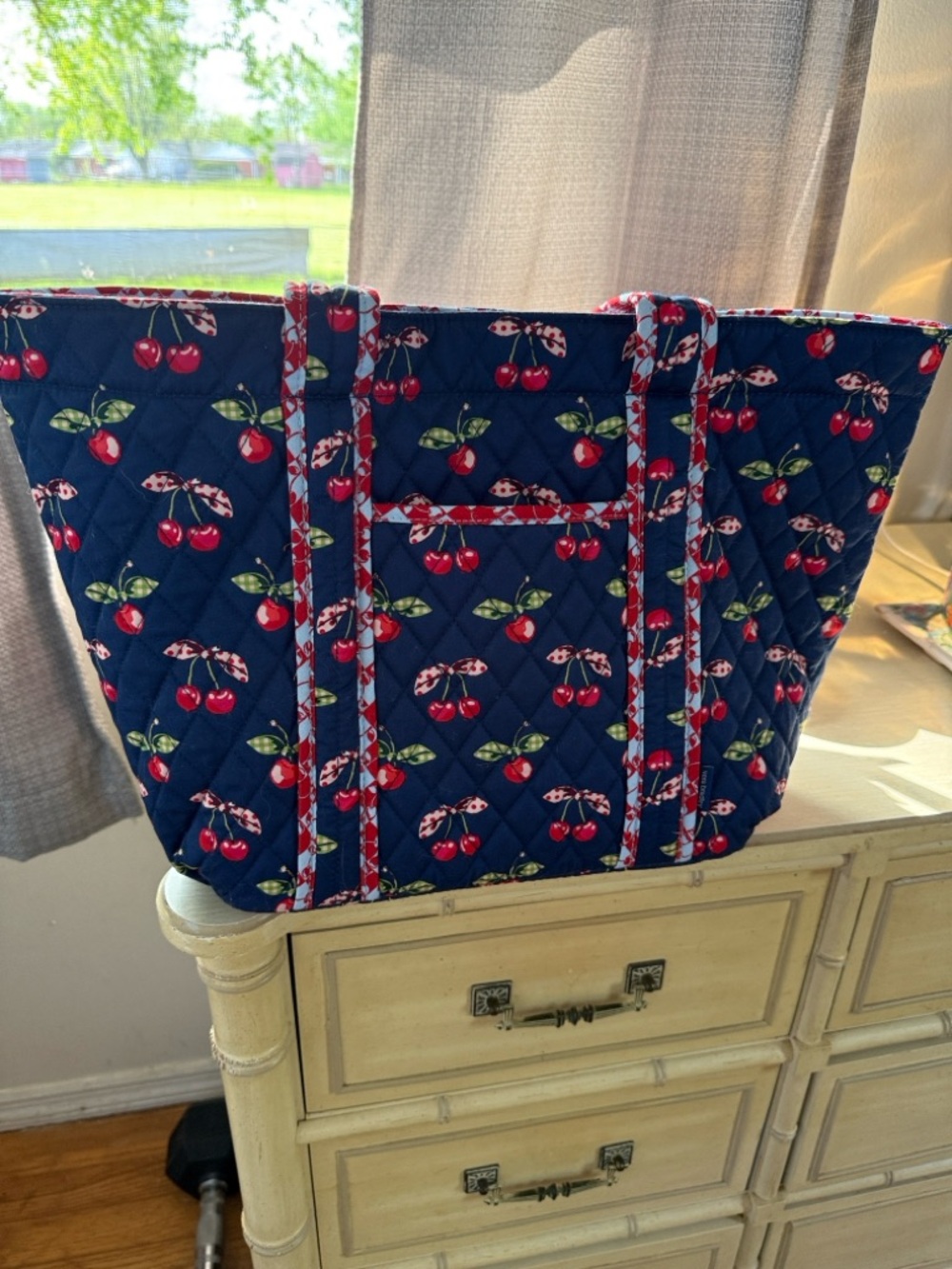 Vera Bradley Navy Quilted Cherry-Print Tote